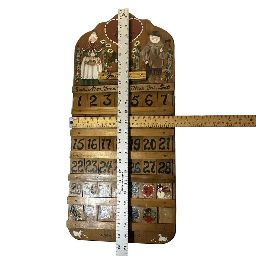 Vintage Hand Painted Wooden Perpetual Calendar Wall Plaque Folk Art 23.5”x11”